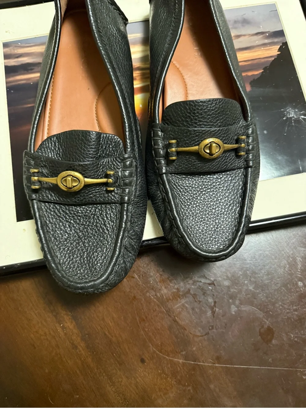 Coach Black Pebbled Leather Slip-On Loafers with Brass Turn-Lock
